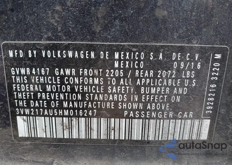 2017 Volkswagen Golf Tsi S 4-Door/Tsi Se 4-Door/Tsi Sel 4-Door/Tsi Wolfsburg Edition 4-Door z USA, uszkodzony, nr VIN 3VW217AU5HM016247